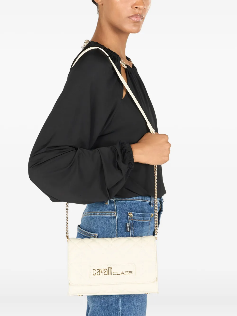 Roberto Cavalli Gewatteerde schoudertas met ketting - Beige