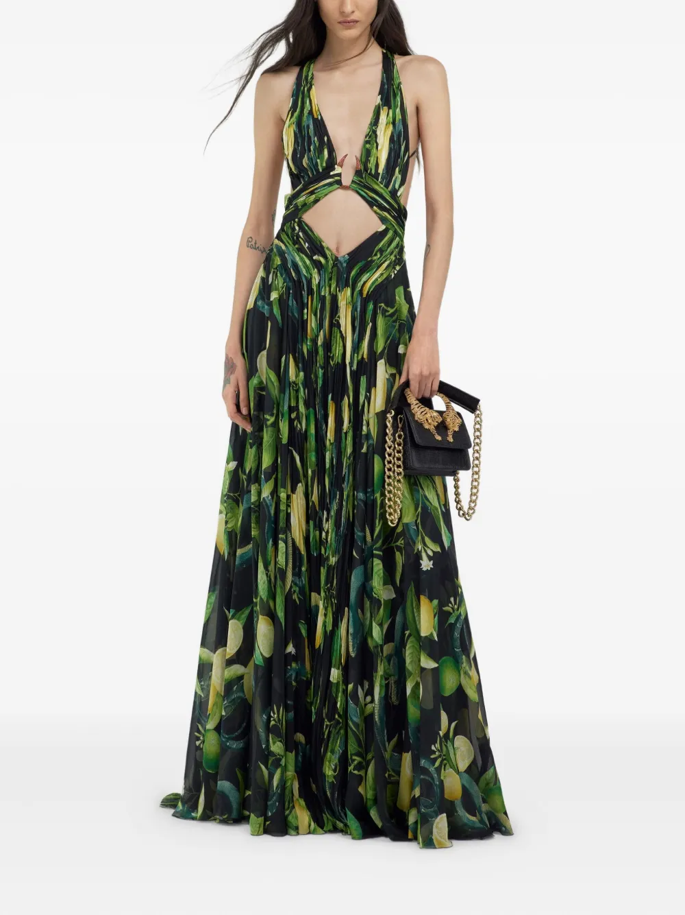 Roberto Cavalli Maxi-jurk met uitgesneden details en citroenprint - Zwart