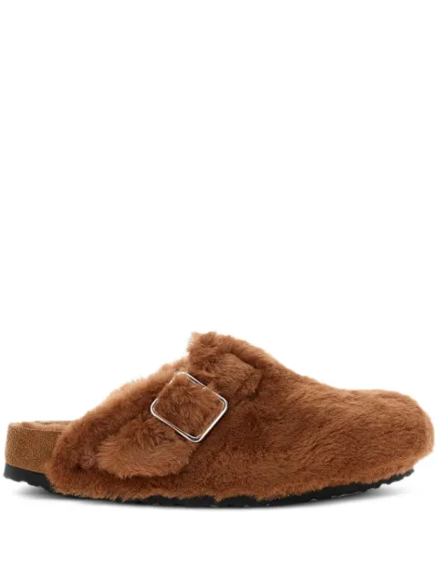 Birkenstock shearling buckle strap mules