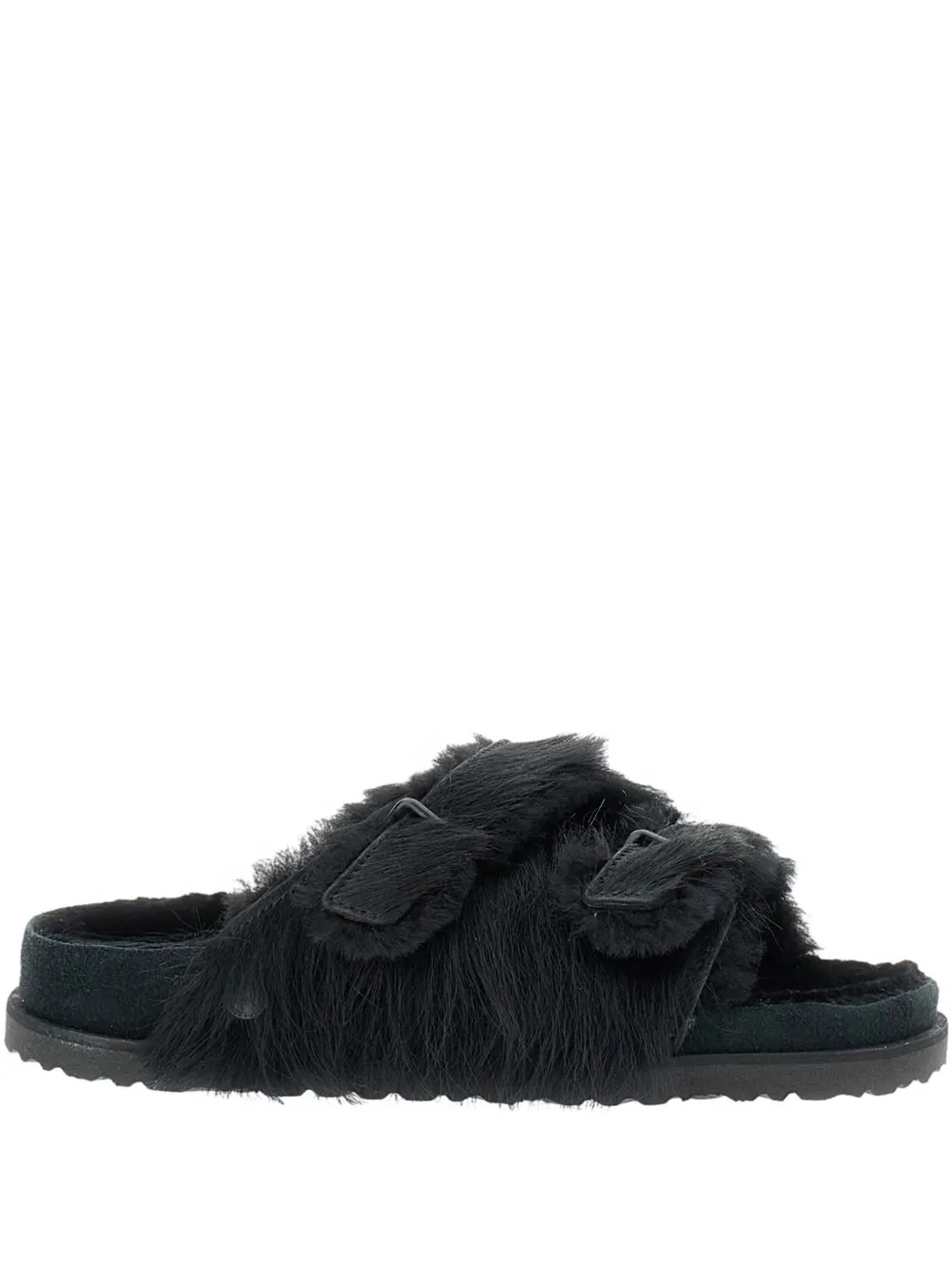 Birkenstock Double Strap Faux Fur Flat Sandals In Black