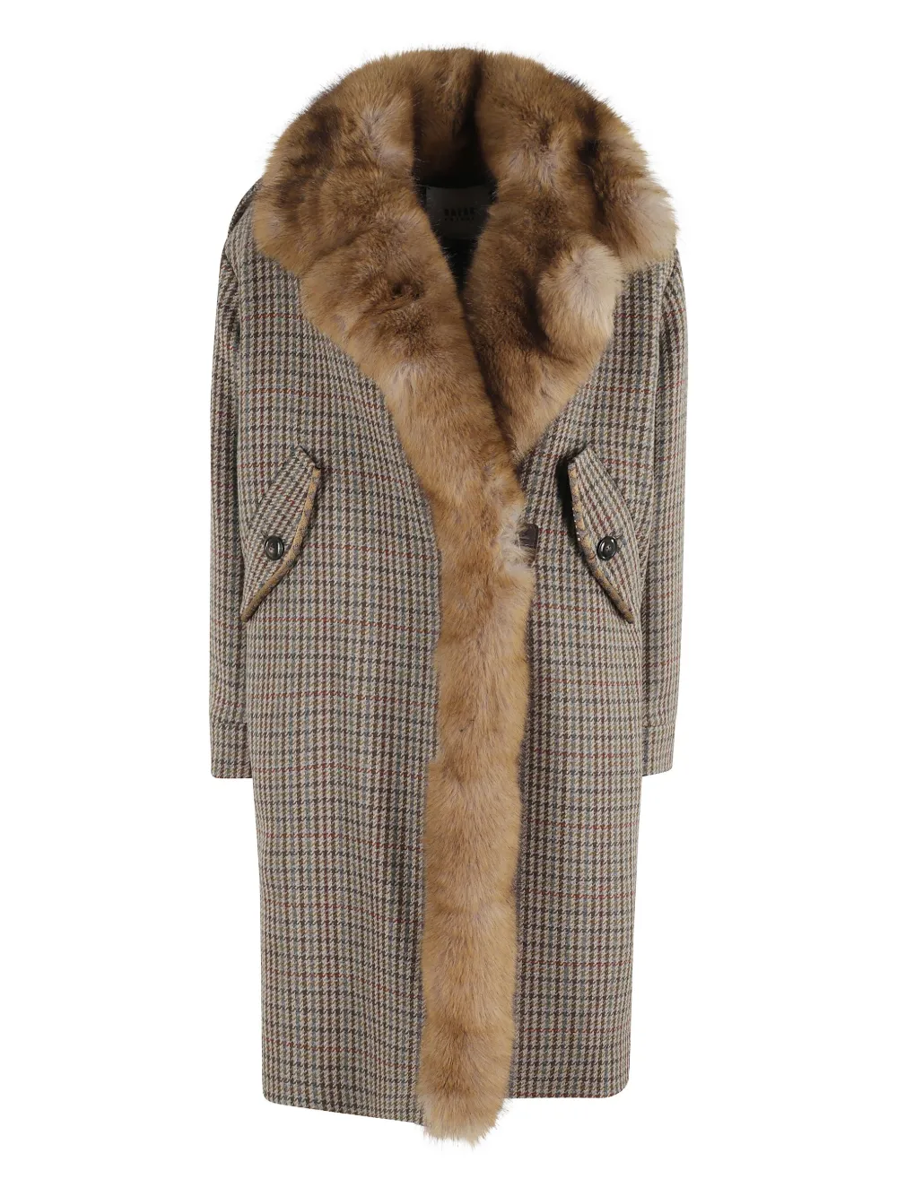 Bazar Deluxe Faux-fur Collar Houndstooth-pattern Coat In Brown