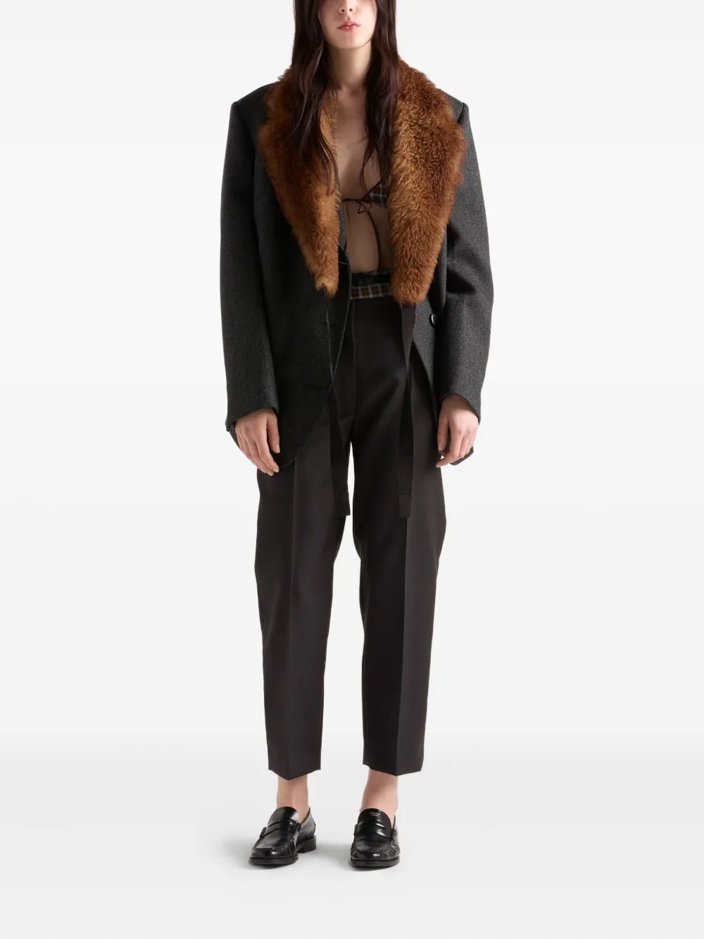 Prada Cropped Wool Check Tailored Pants In Gray