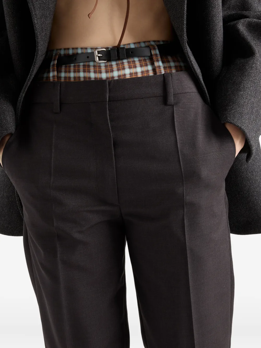 Prada Cropped Wool Check Tailored Pants In Gray