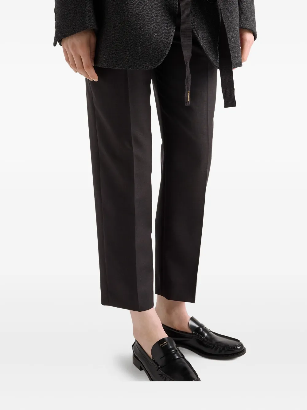 Prada Cropped Wool Check Tailored Pants In Gray