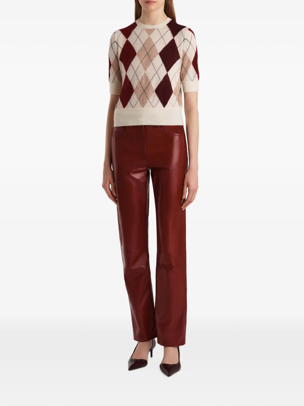 KHAITE Top met korte mouwen en argyle patroon Beige