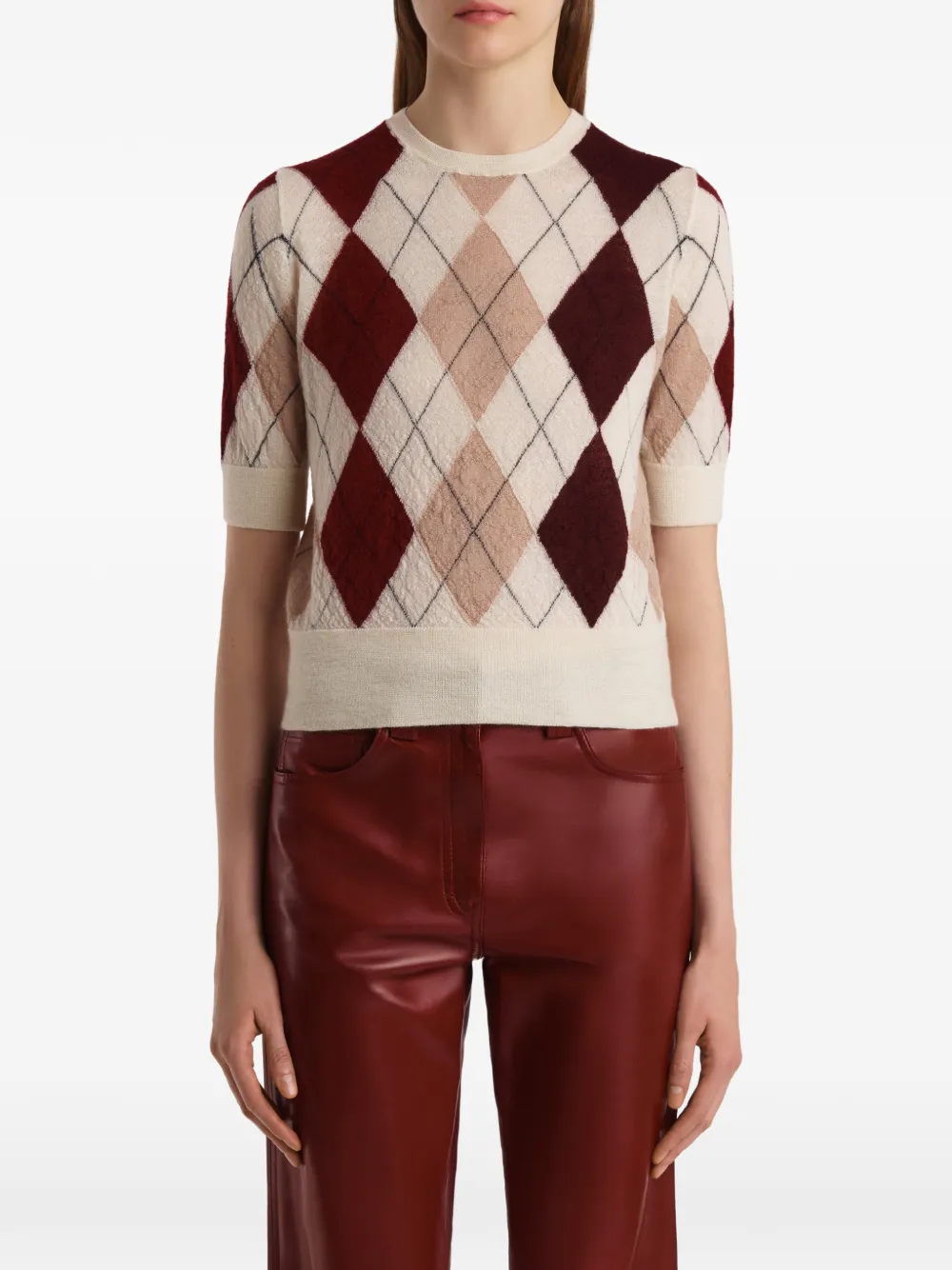 KHAITE Top met korte mouwen en argyle patroon Beige