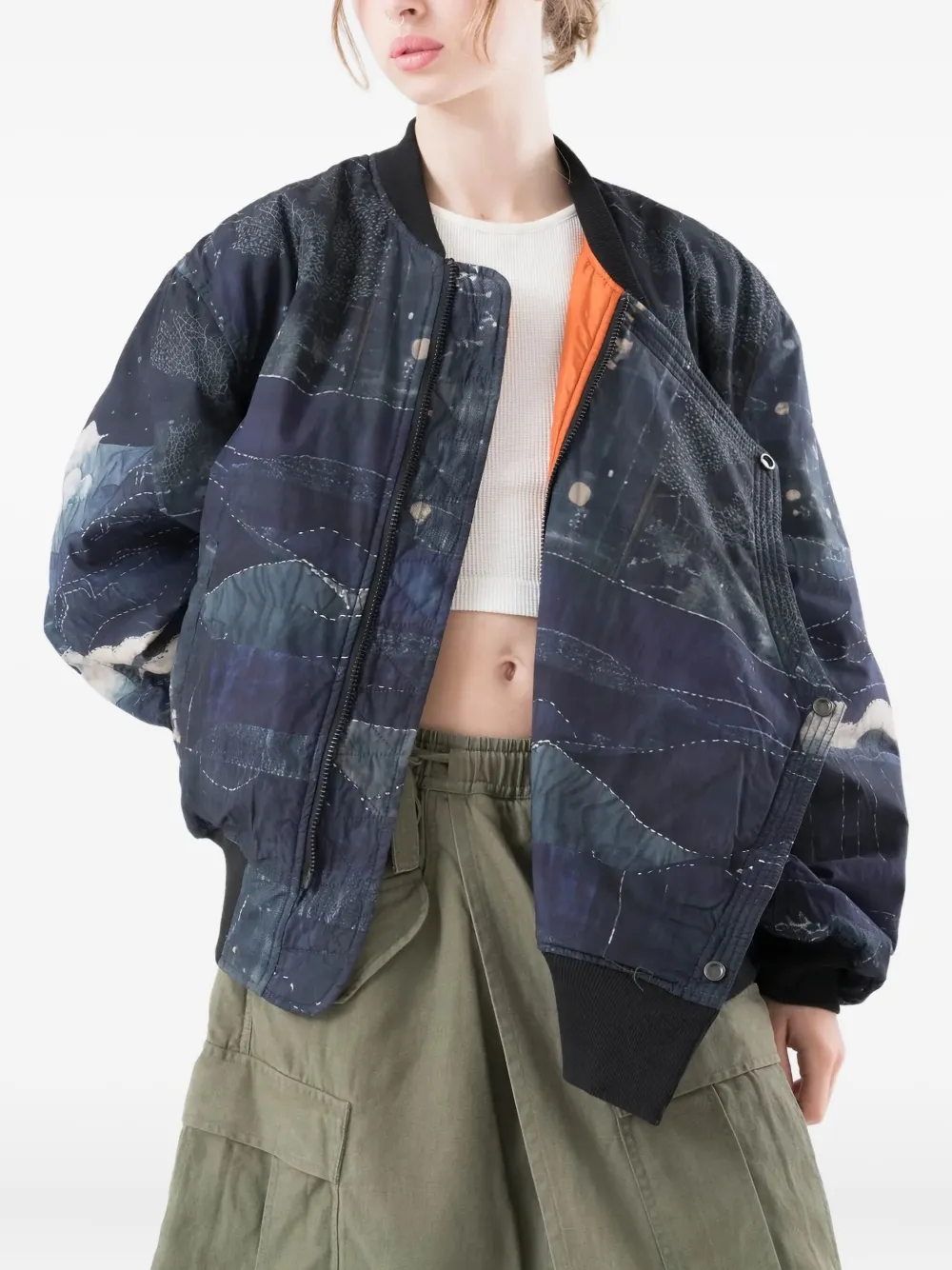Maharishi 6227 Boro Crane Monk Ma1 Printed Bomber Jacket In Blue