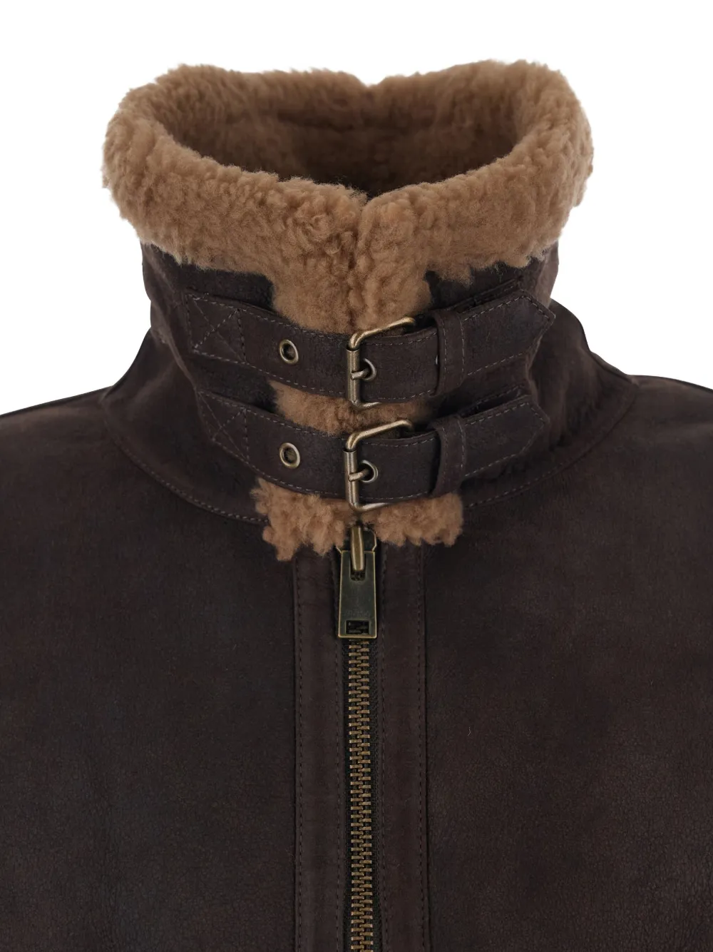 Arma Strap Closure Shearling Jacket In Brown