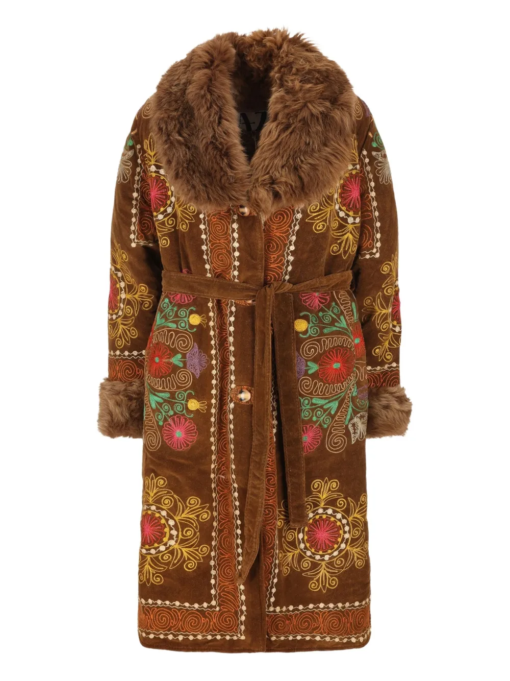 ZAZI VINTAGE fur-trim embroidered coat - Marrone