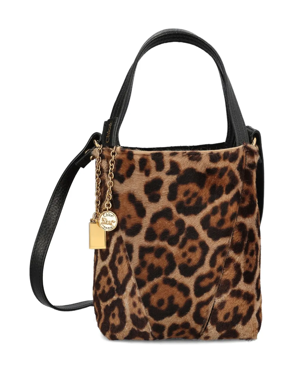 Chloé Small Leopard-print Shearling Bucket Bag In Brown