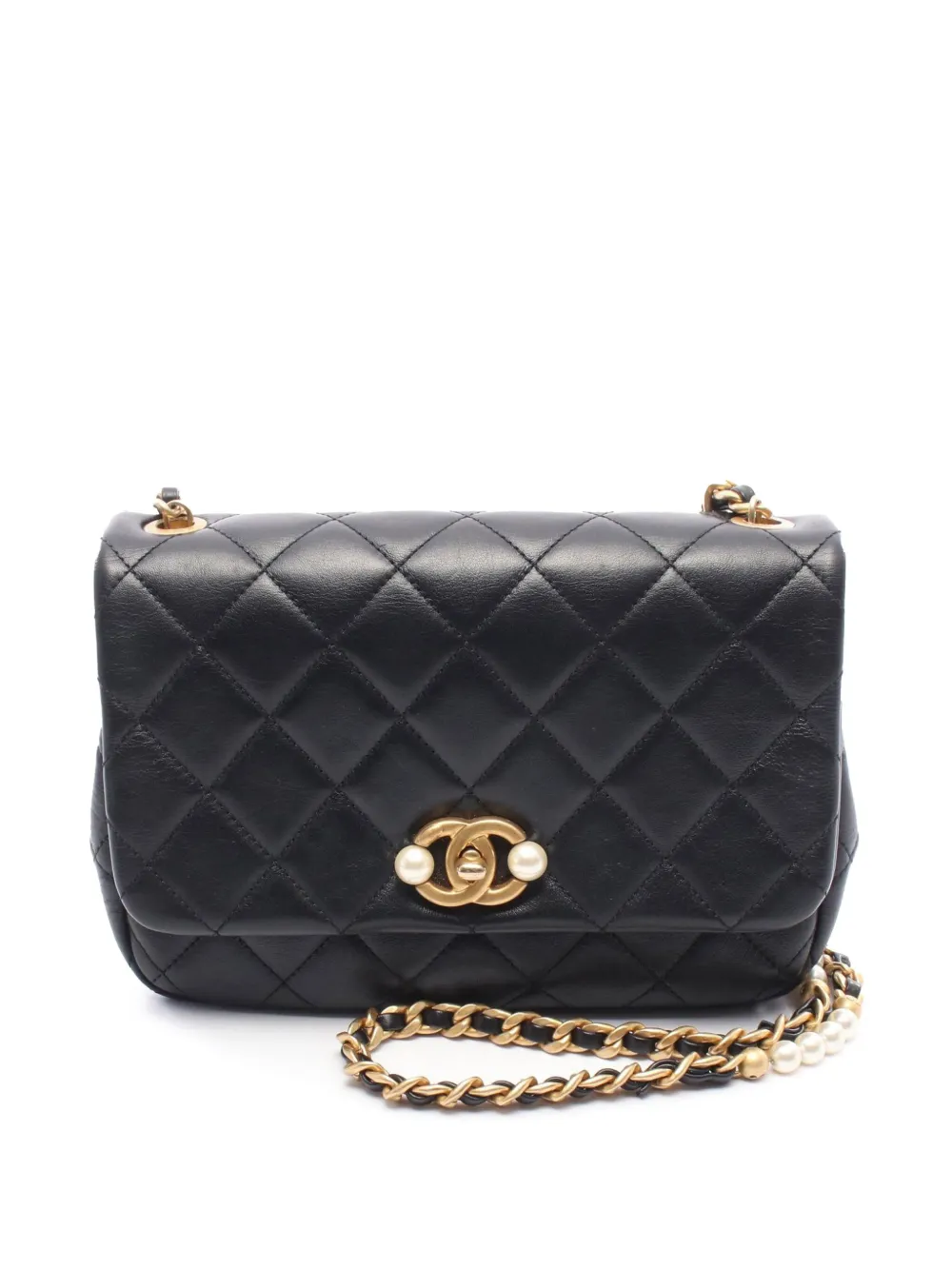 CHANEL Pre-Owned 2021-2025 スモール ココマーク グレーズカーフ イミテーションパール フラップ ショルダーバッグ