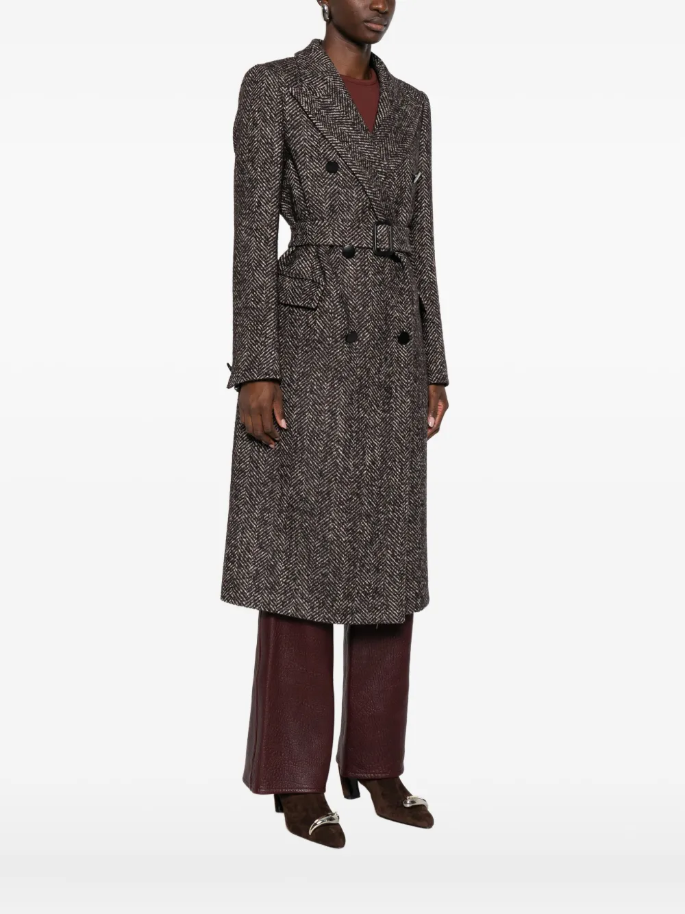 Tagliatore Herringbone Belted Double-breasted Coat In Gray