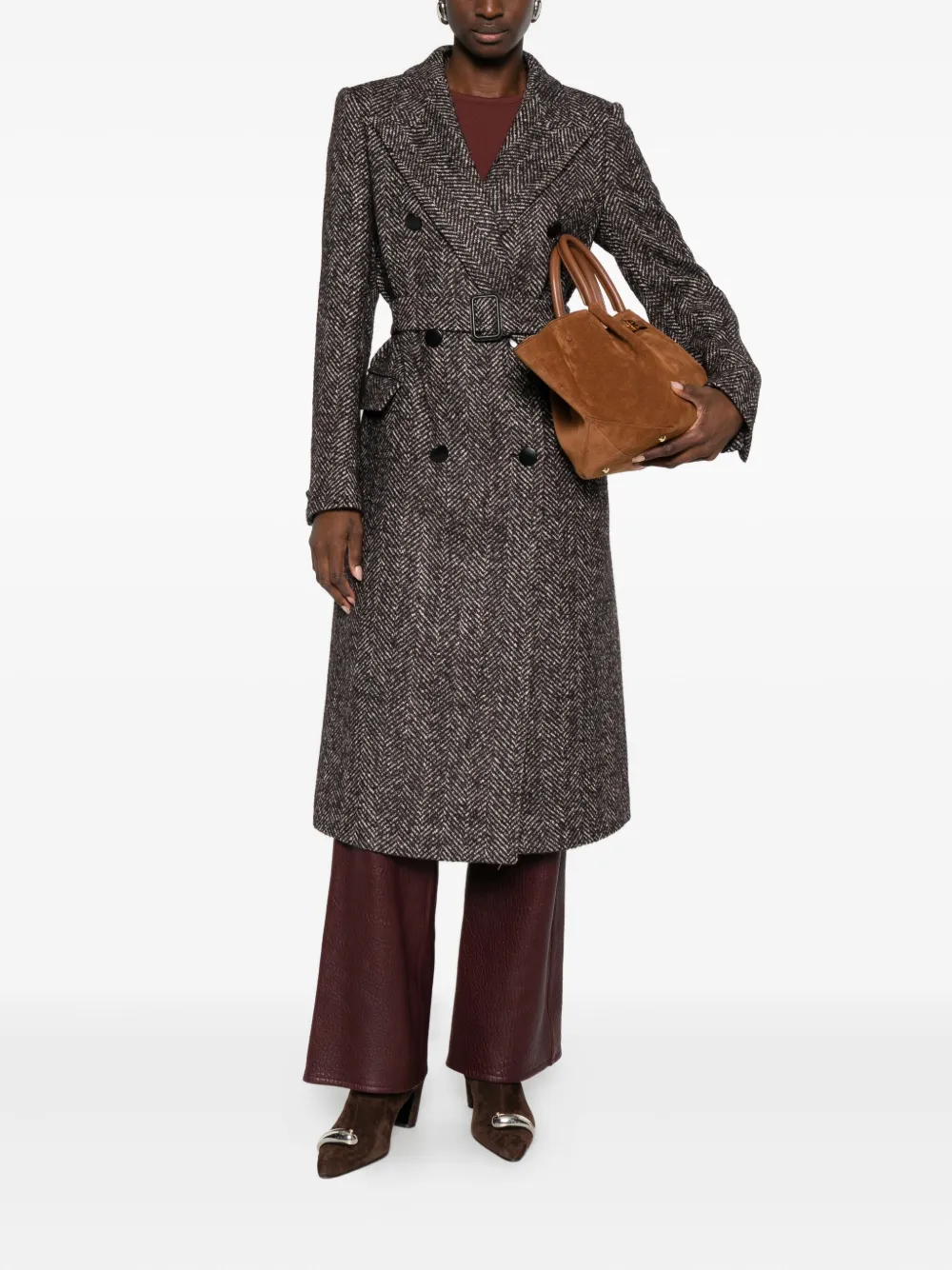 Tagliatore Herringbone Belted Double-breasted Coat In Gray
