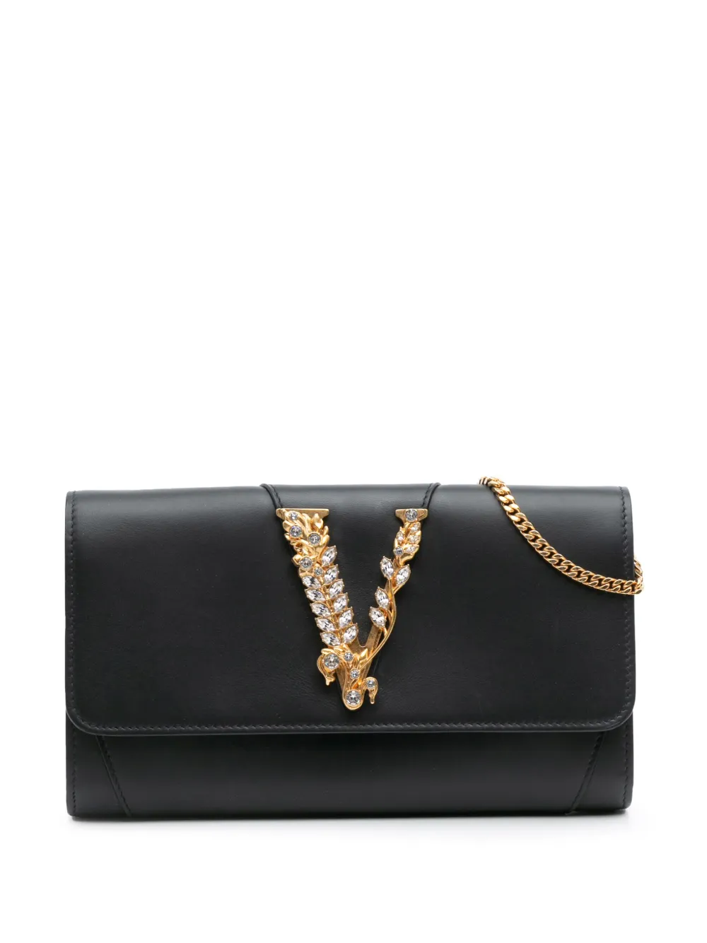 Pre-owned Versace 2000-2025 Leather Crystal Virtus Chain Crossbody Bag In Black
