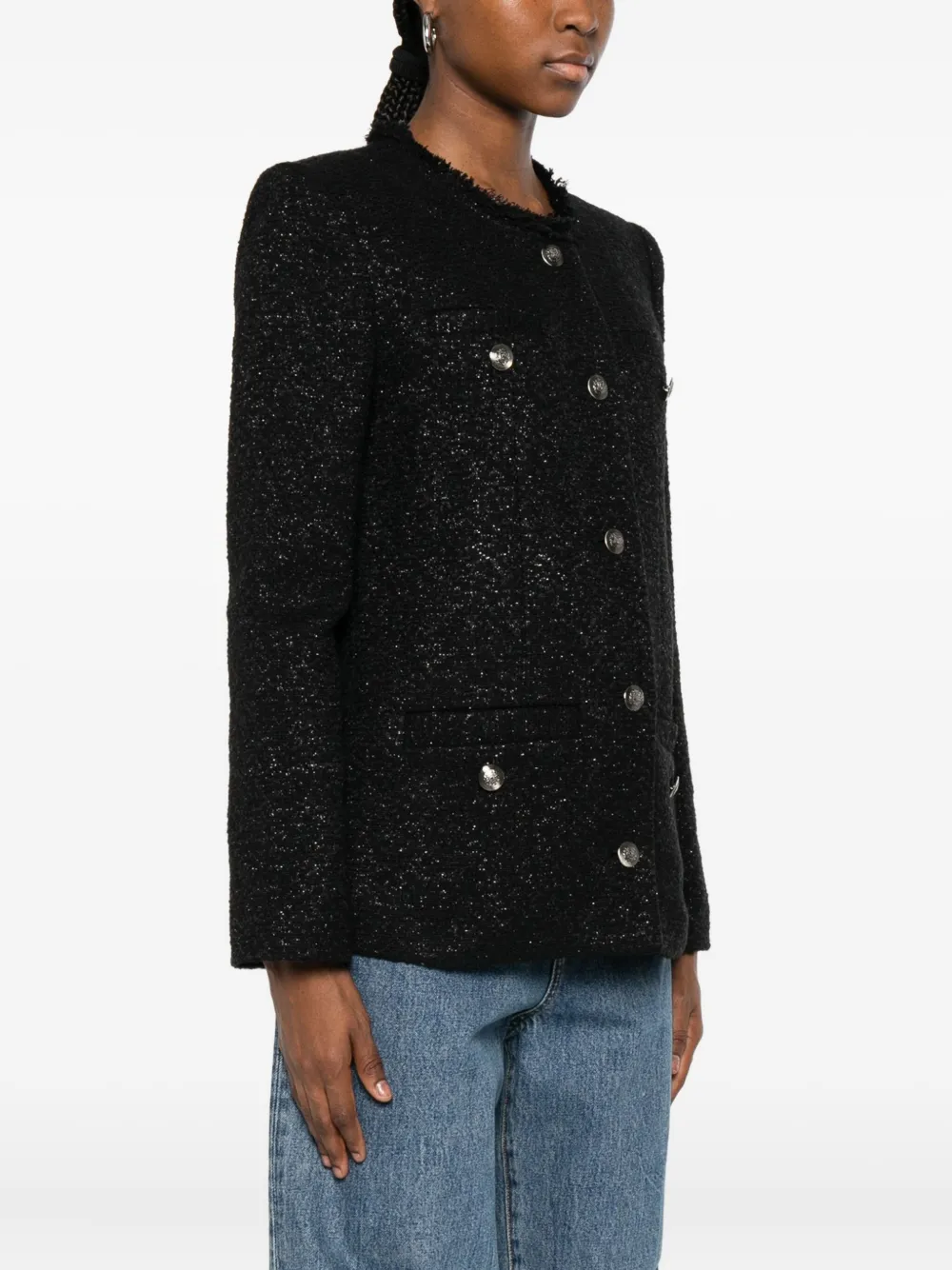 Iro Textured Blazer With Frayed Trim And Pockets In Black