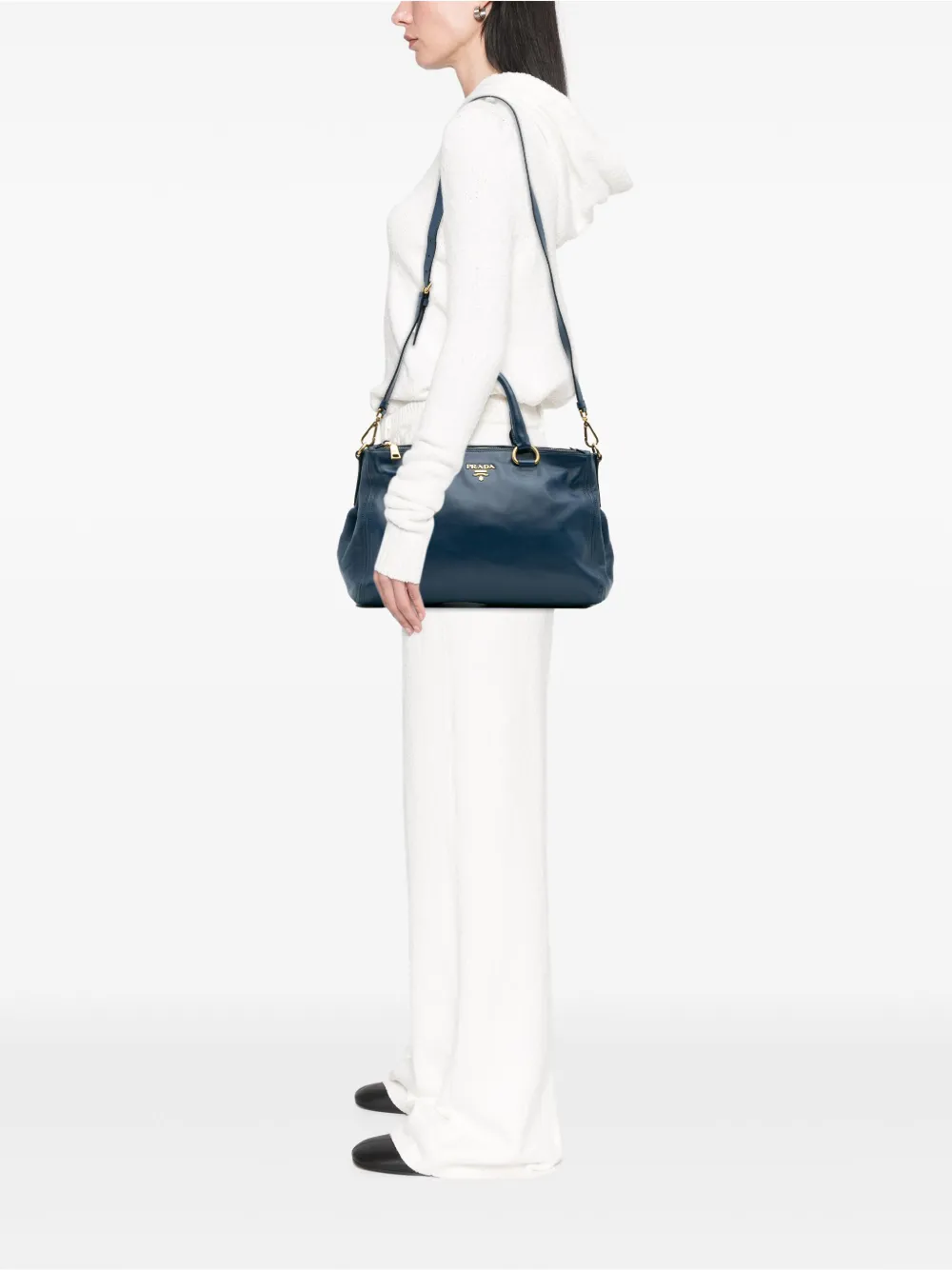 Pre-owned Prada 2013-2024 Soft Calf Double Zip Satchel In Blue
