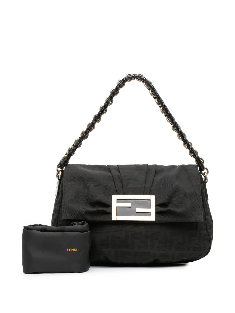 Pre-owned Fendi 2010-2025 Zucca Canvas Mia Flap Shoulder Bag In Black