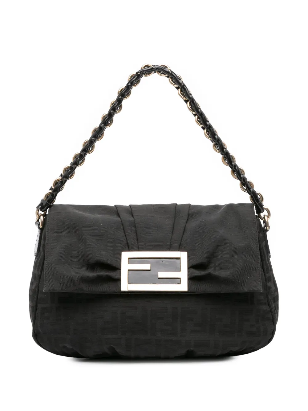 Pre-owned Fendi 2010-2025 Zucca Canvas Mia Flap Shoulder Bag In Black