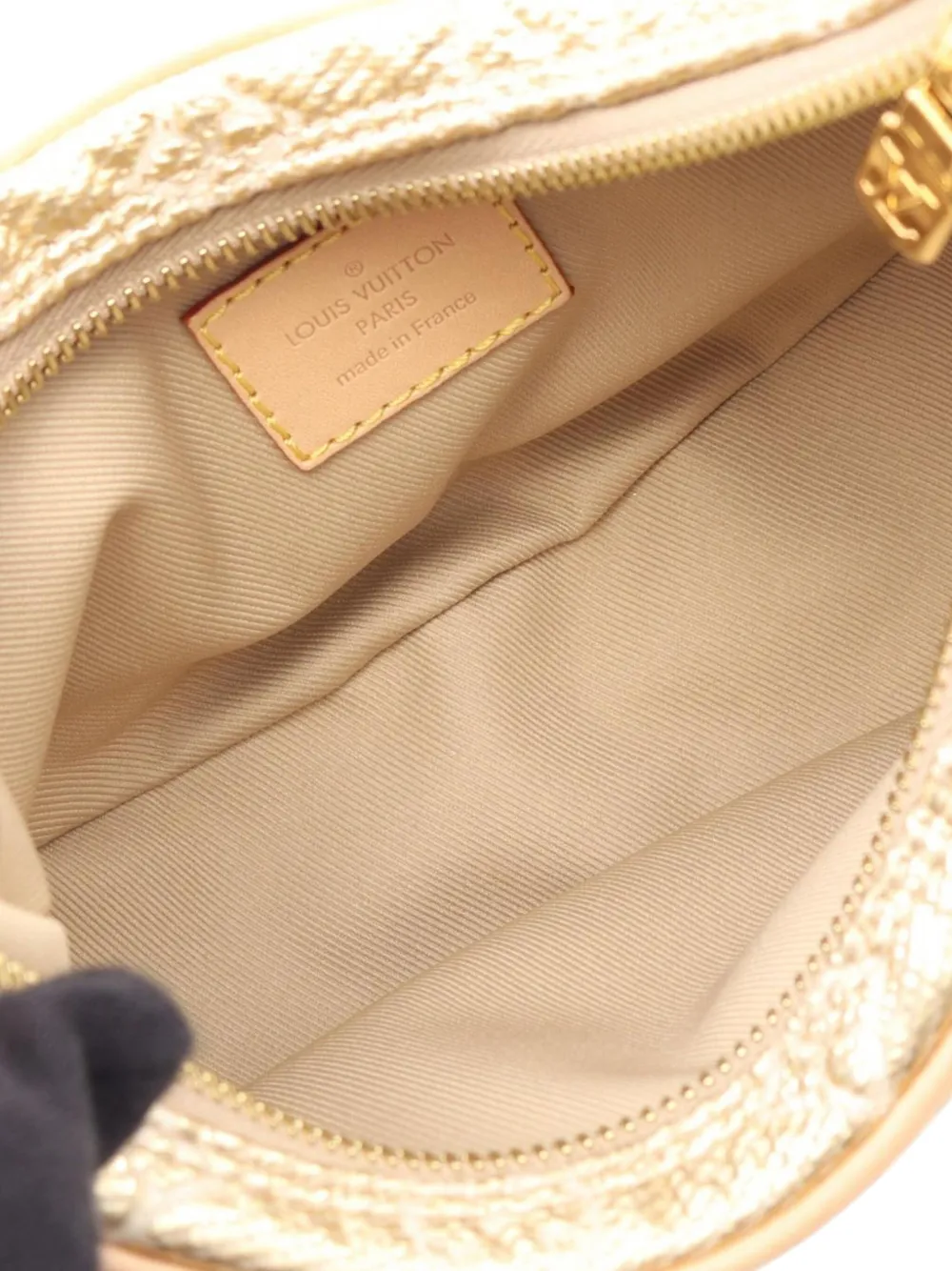 Pre-owned Louis Vuitton 2021-2025 Monogram Jacquard Denim Loop Pm Satchel In Gold