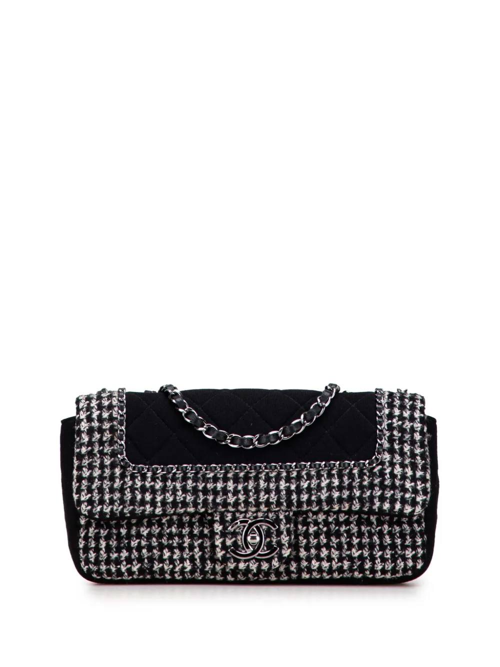 Pre-owned Chanel 2014-2015 Medium Quilted Jersey And Tweed Chain Flap Shoulder Bag In Black