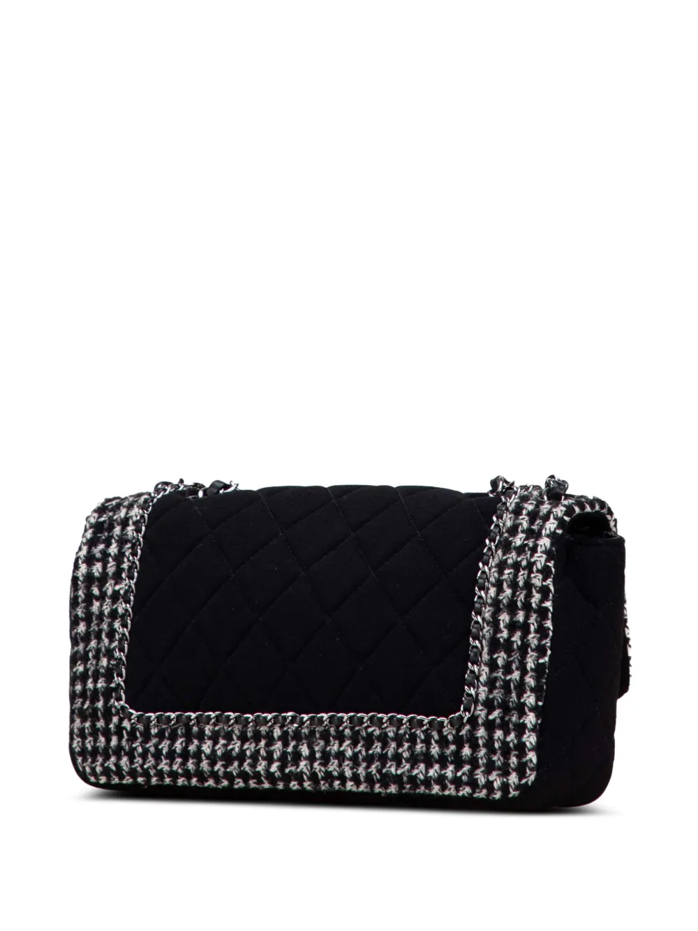 Pre-owned Chanel 2014-2015 Medium Quilted Jersey And Tweed Chain Flap Shoulder Bag In Black