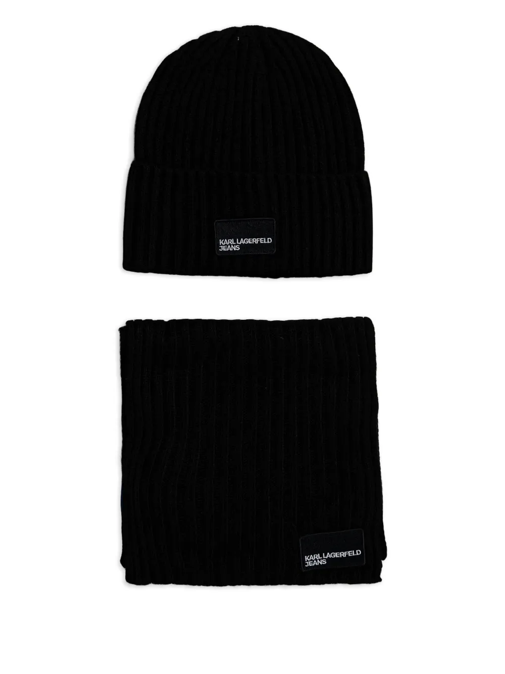 Karl Lagerfeld Jeans ribbed logo-patch beanie hat set - Nero
