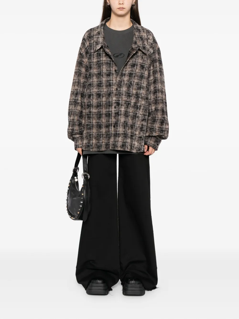 We11done Geruit T-shirt met knopen Grijs