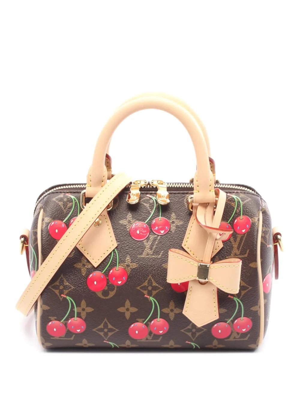 Pre-owned Louis Vuitton 2021-2025 Takashi Murakami Monogram Cherry Speedy Bandouliere 20 Satchel In Brown