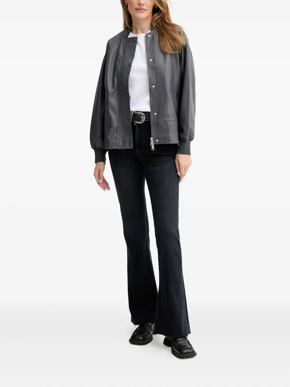 Allsaints Sofi Drawstring Leather Bomber Jacket In Gray