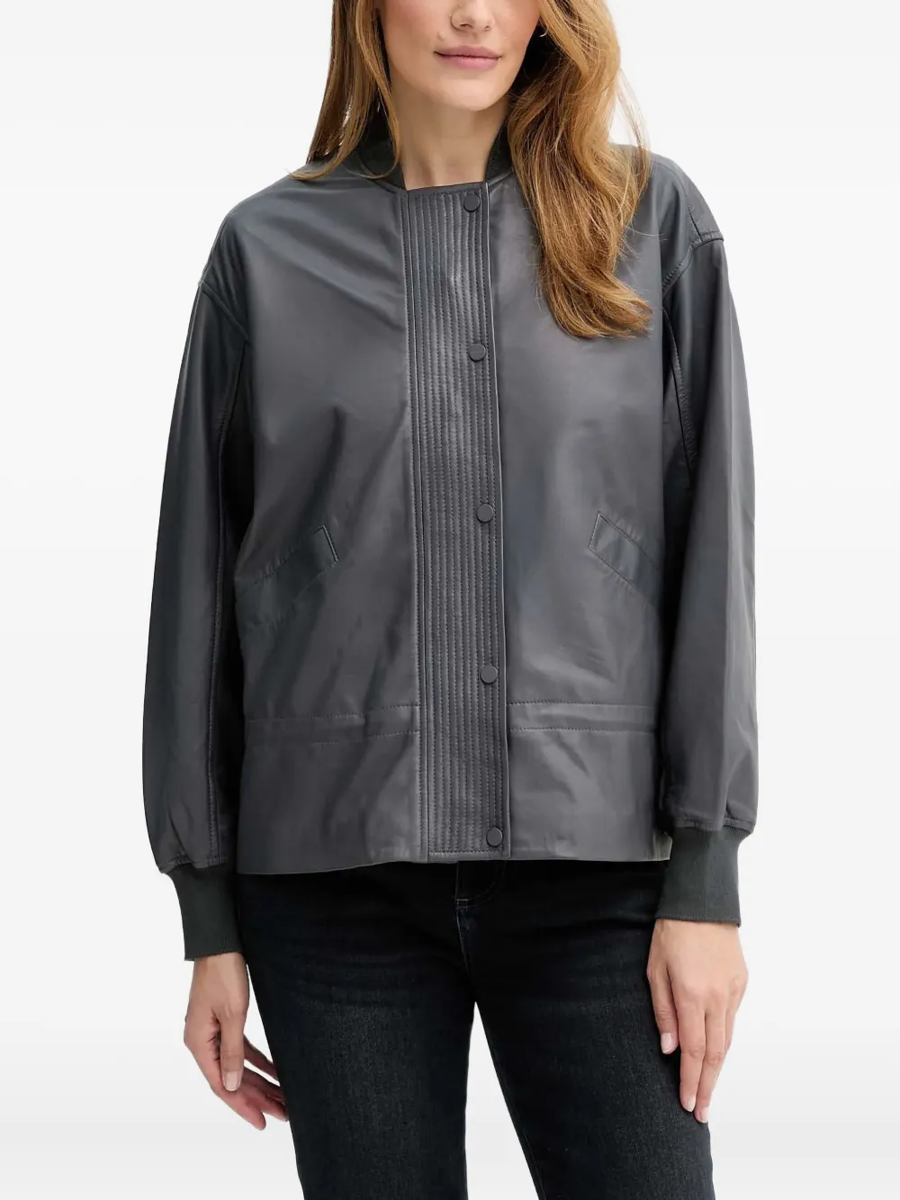 Allsaints Sofi Drawstring Leather Bomber Jacket In Gray