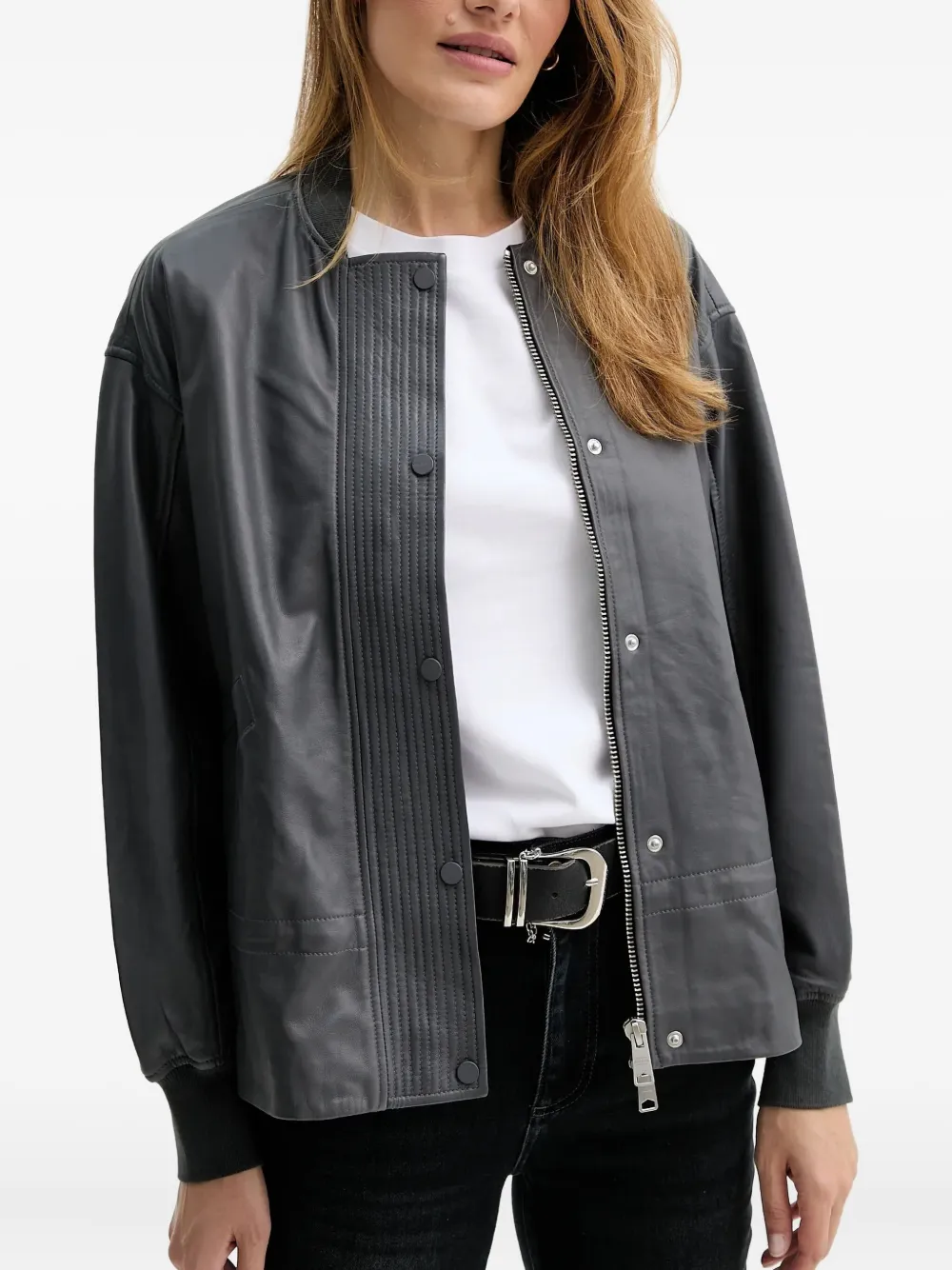 Allsaints Sofi Drawstring Leather Bomber Jacket In Gray