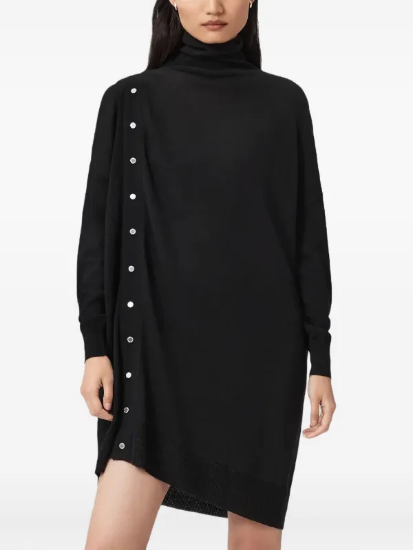 all saints black mini dress AllSaints Rock short sleeve button up leather mini dress in black