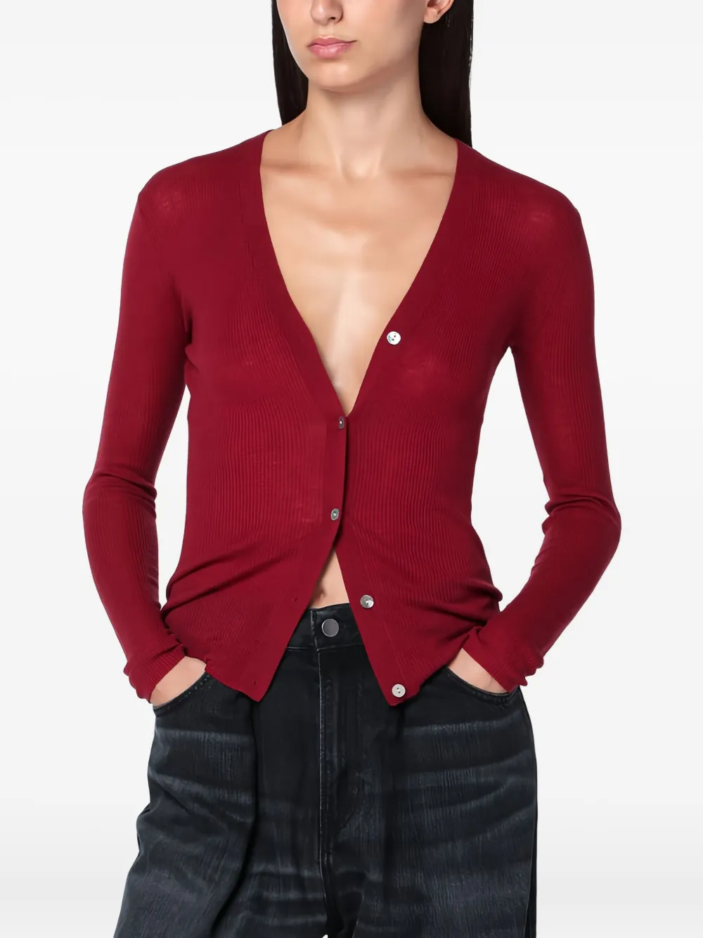 6397 V-neck button cardigan | Red | Image 1