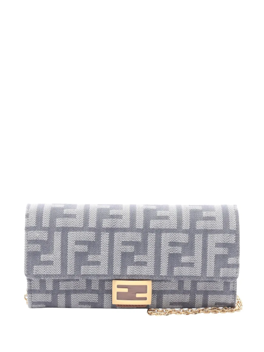 Pre-owned Fendi 2010-2025 Denim Effect Ff Jacquard Baguette Continental Wallet With Chain Crossbody Bag In Blue