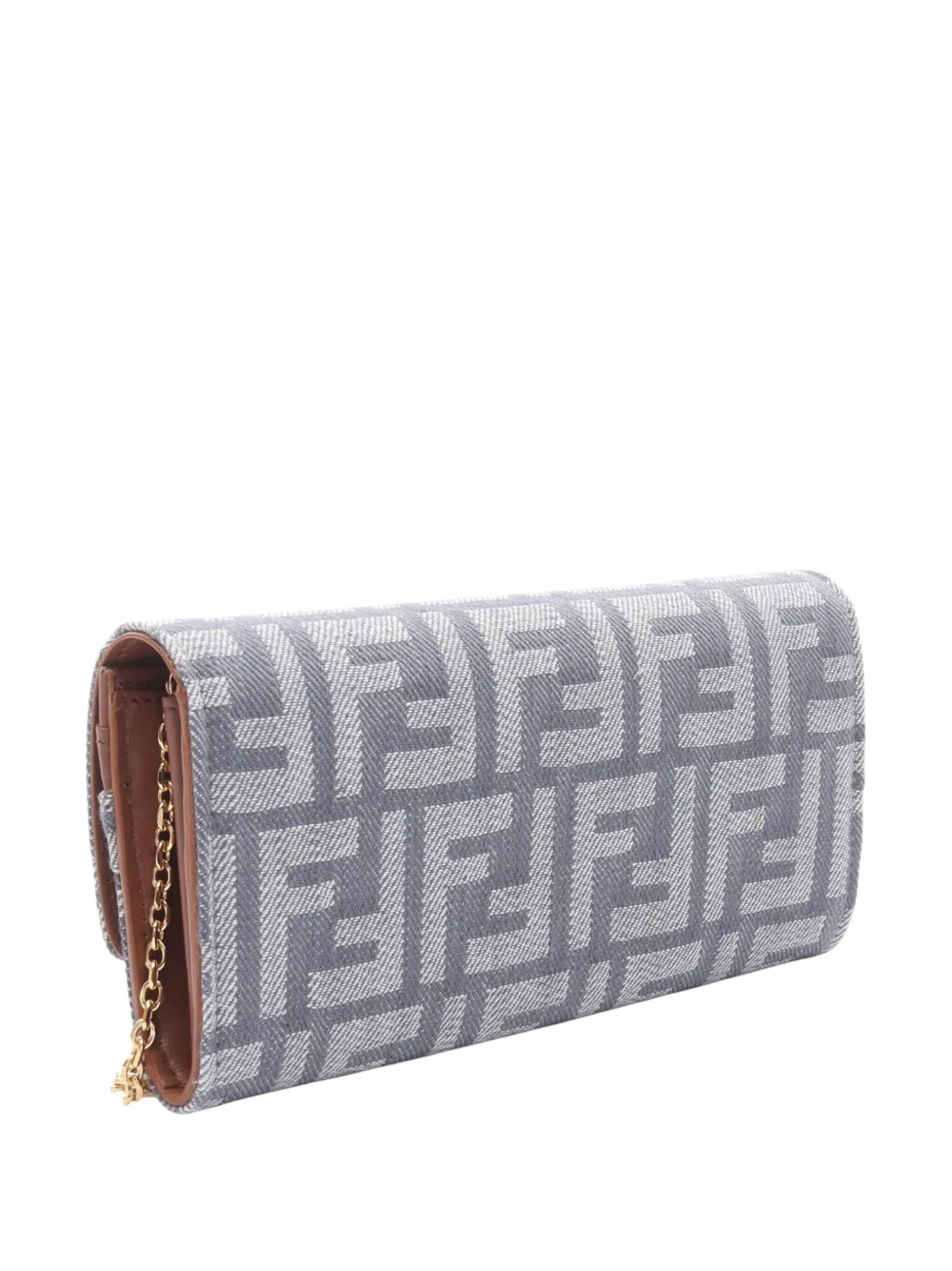 Pre-owned Fendi 2010-2025 Denim Effect Ff Jacquard Baguette Continental Wallet With Chain Crossbody Bag In Blue