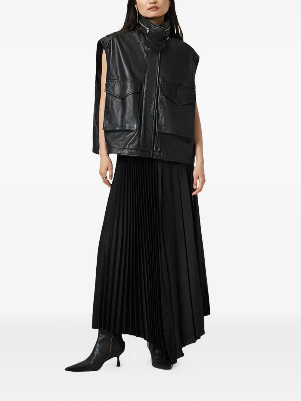 AllSaints Clay leren gilet met trechterhals Zwart