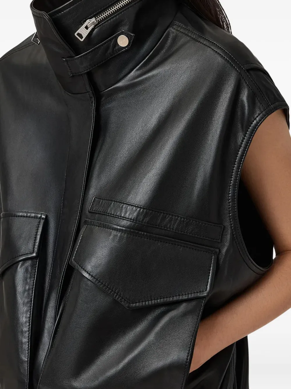 AllSaints Clay leren gilet met trechterhals Zwart