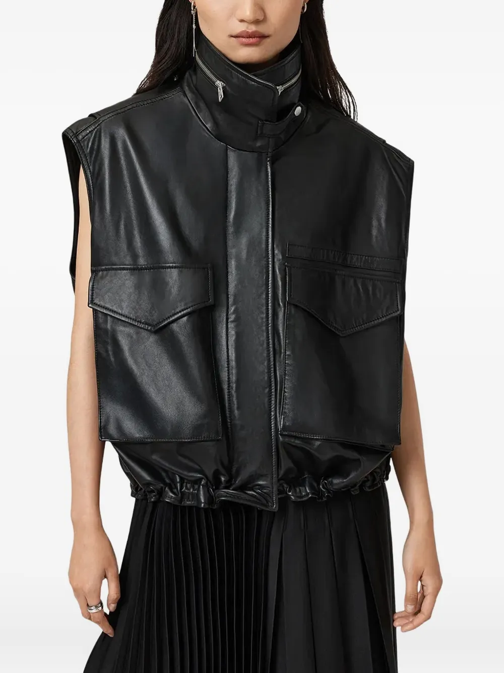 AllSaints Clay ファンネルネック レザーベスト - ブラック AllSaints Clay ファンネルネック レザーベスト - ブラック