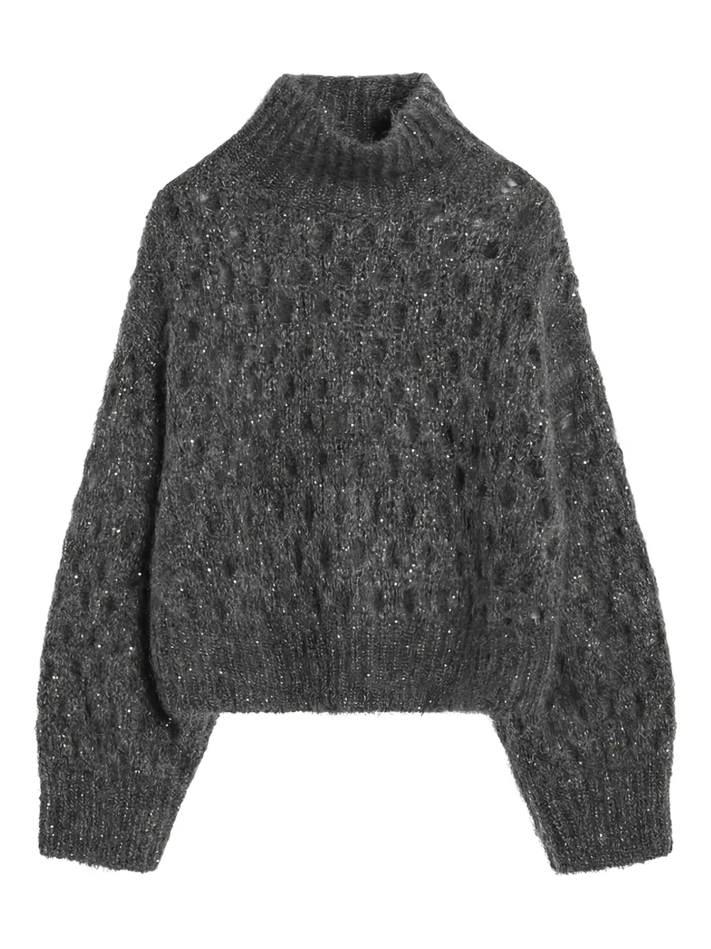 Brunello Cucinelli Grey Openwork Turtleneck Sweater In Gray