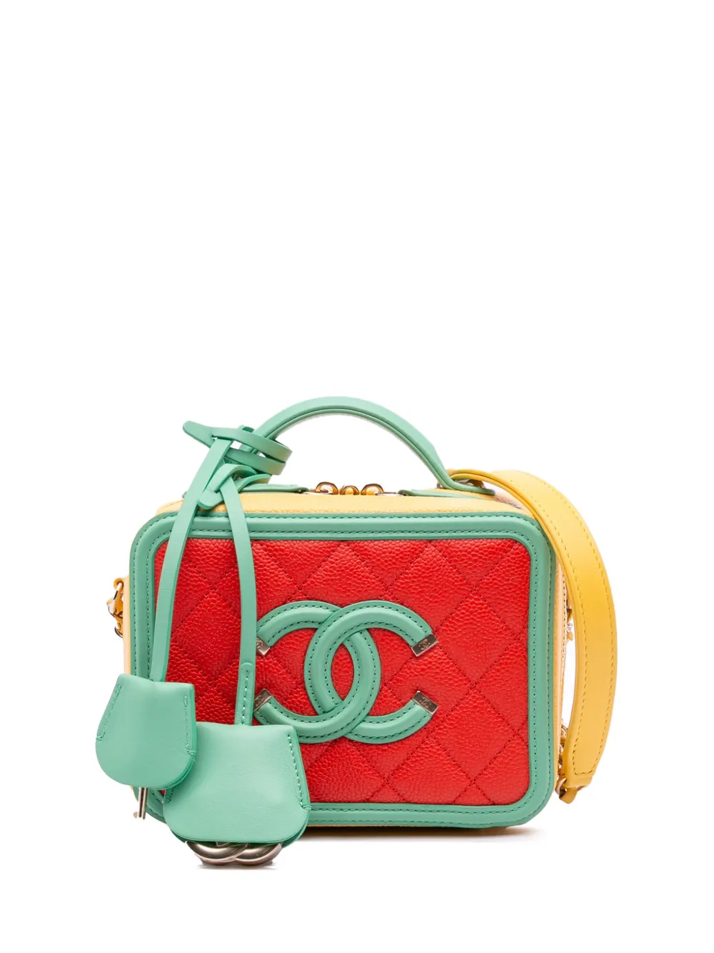 Pre-owned Chanel 2019 Small Tricolor Caviar Cc Filigree Vanity Case Satchel In Orange