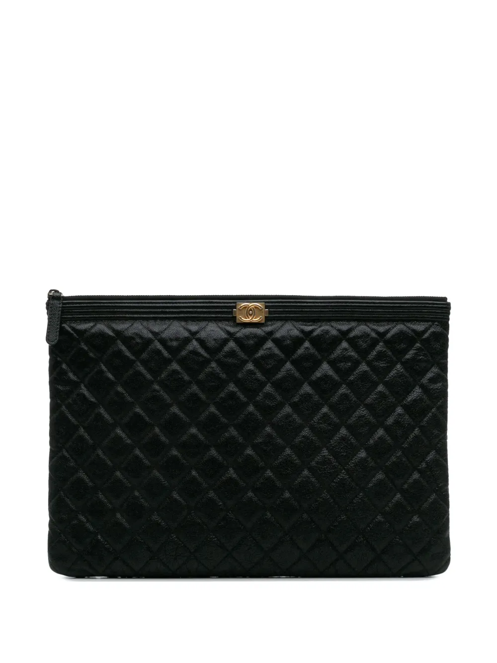 Pre-owned Chanel 2018-2019 Large Lambskin Boy O Case Clutch Bag In Black