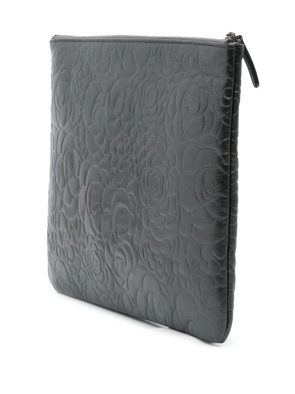 Pre-owned Chanel 2013-2014 Large Cc Embossed Lambskin Camellia O Case Clutch Bag In Black