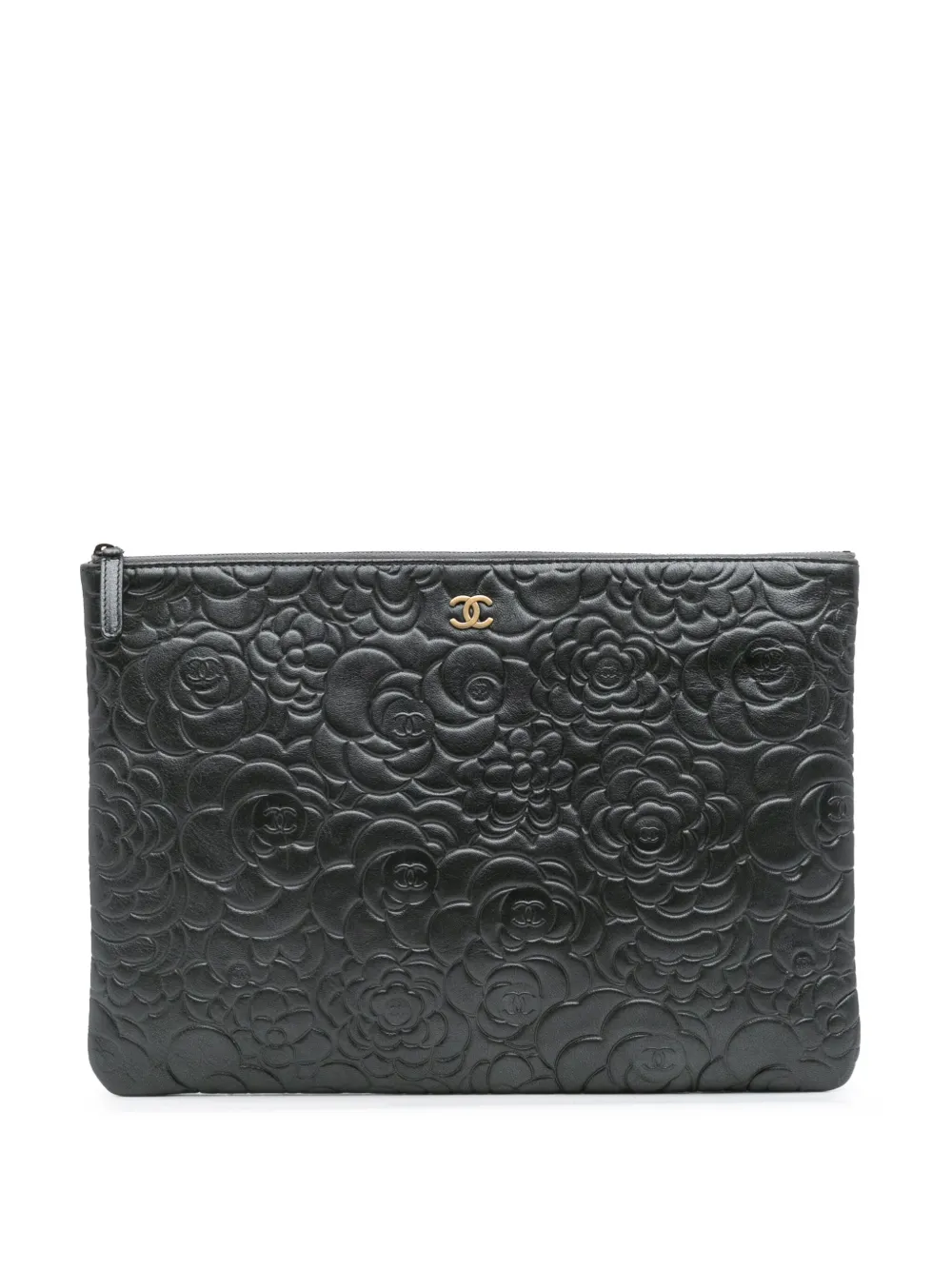Pre-owned Chanel 2013-2014 Large Cc Embossed Lambskin Camellia O Case Clutch Bag In Black