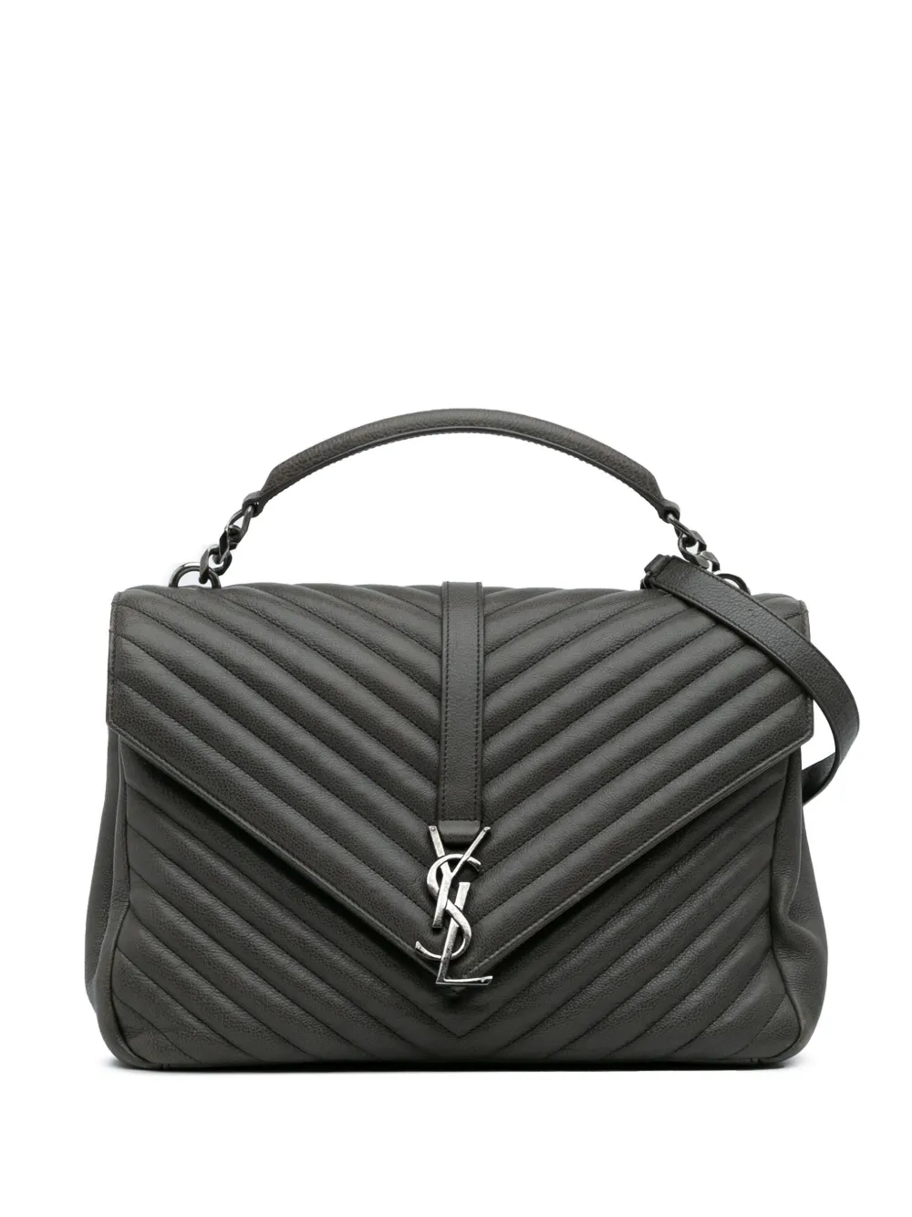 Pre-owned Saint Laurent 2016 Large Chevron Sheepskin Monogram College Bag Satchel In Gray