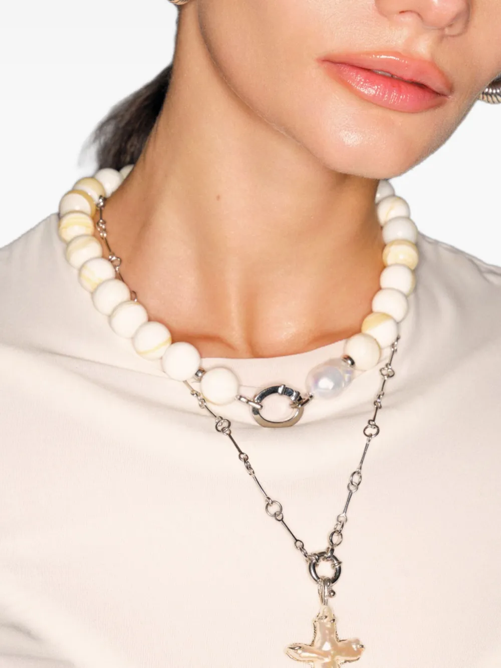 OBSIDIAN beaded pearl necklace - Beige