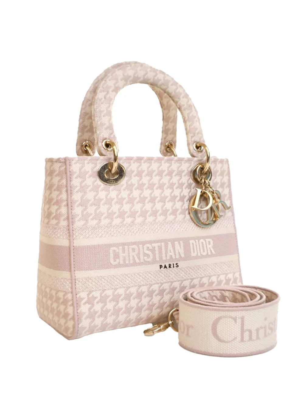 Pre-owned Dior 2021 Medium Embroidered Canvas Houndstooth Lady D Lite Satchel In Pink