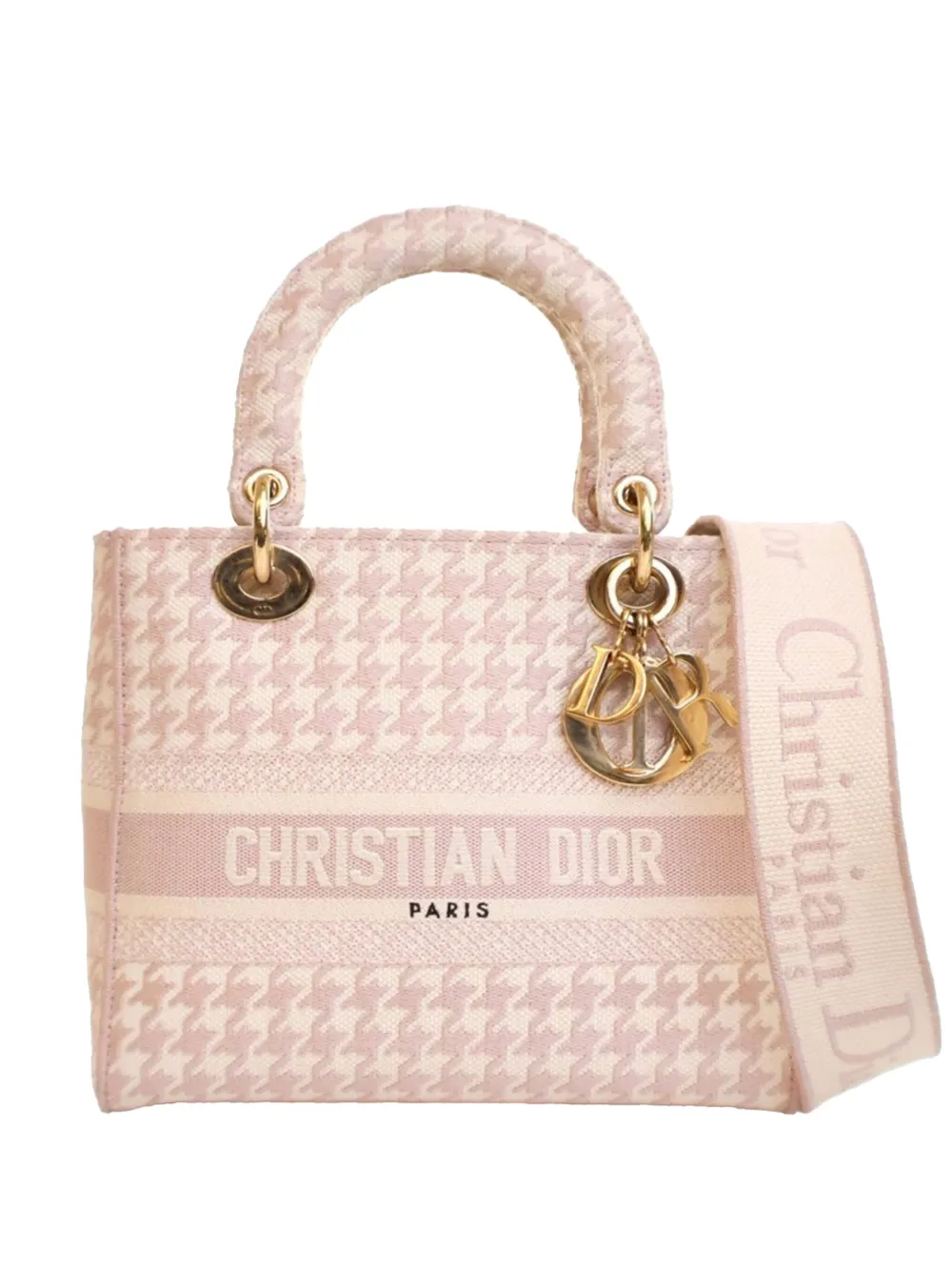 Pre-owned Dior 2021 Medium Embroidered Canvas Houndstooth Lady D Lite Satchel In Pink