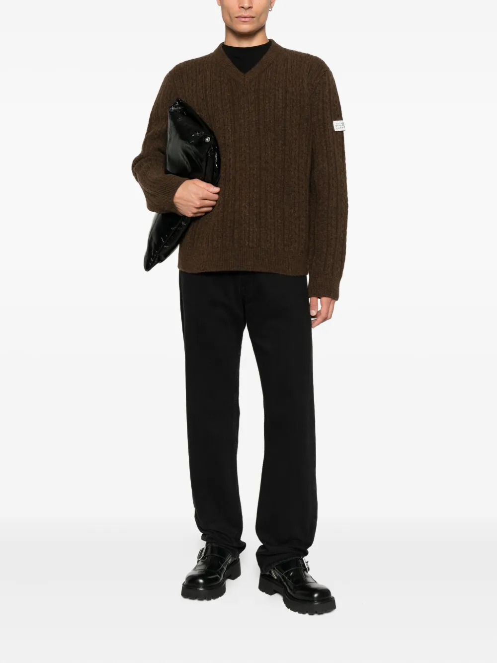 MM6 Maison Margiela Geribbelde trui met V-hals - Bruin