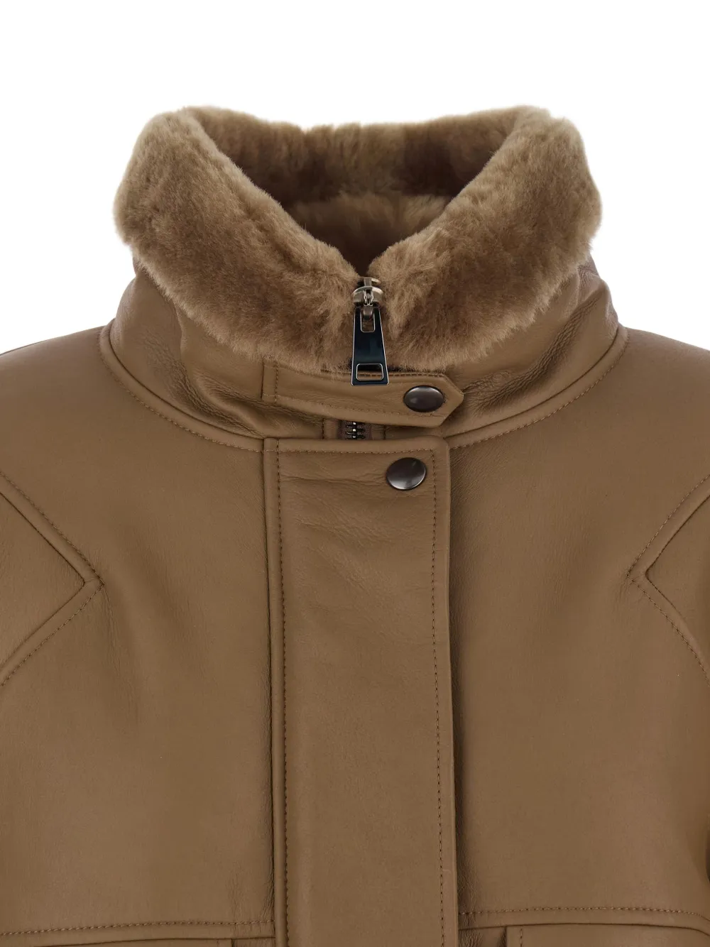 Blancha Brown Bomber Jacket With Fur Collar And Patch Pockets In Leather Woman In Brown