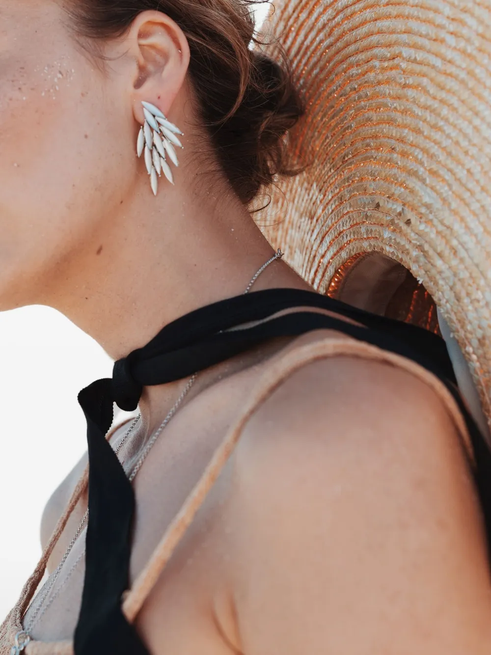 Obsidian Leaf Drop Earrings In White